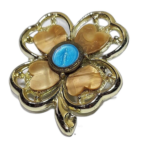 The Unbranded Brand Jewelry - Flower Pin brooch blue center tan hearts on goldtone 1 3/4 in MOP